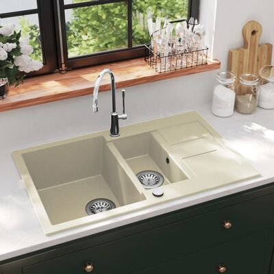 VIDAXL Lavello Da Cucina In Granito Vasca Doppia Beige - VIDAXL Lavello Da Cucina In Granito Vasca Doppia Beige -
