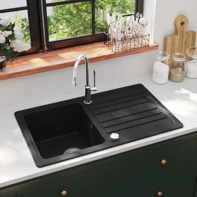 VIDAXL Lavandino Cucina Granito Singolo Scolapiatti Reversibile Nero - VIDAXL Lavandino Cucina Granito Singolo Scolapiatti Reversibile Nero -