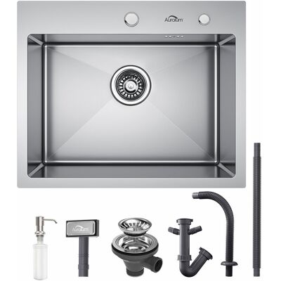 AURALUM Lavello da Cucina in Acciaio Inox 55x45cm - Singola Vasca - Sopra o Incasso AURALUM Lavello da Cucina in Acciaio Inox 55x45cm - Singola Vasca - Sopra o Incasso