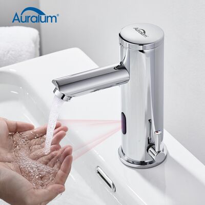 AURALUM - Rubinetto Bagno Lavabo Con Sensore Ad Infrarossi, Miscelatore Lavabo Bagno Con Regolazione A Caldo E Freddo, Ottone, Finitura Cromata AURALUM - Rubinetto Bagno Lavabo Con Sensore Ad Infrarossi, Miscelatore Lavabo Bagno Con Regolazione A Caldo E Freddo, Ottone, Finitura Cromata