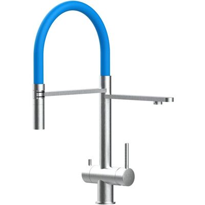 VIZIO Rubinetto 3 Vie Miscelatore Lavello Cucina In Acciaio Inox Spazzolato - Canna Azzurra Movibile E Doccia Due Getti Staccabile - Acciaio Chirurgico Aisi 316 VIZIO Rubinetto 3 Vie Miscelatore Lavello Cucina In Acciaio Inox Spazzolato - Canna Azzurra Movibile E Doccia Due Getti Staccabile - Acciaio Chirurgico Aisi 316