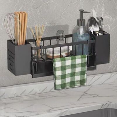 URSUS Mensola Portaoggetti Per Lavello Da Cucina - Porta Spugna Sospeso - Con Portasciugamani E Contenitore - Realizzata In Abs - Con Scarico Automatico - Non Richiede Foratura - Nera URSUS Mensola Portaoggetti Per Lavello Da Cucina - Porta Spugna Sospeso - Con Portasciugamani E Contenitore - Realizzata In Abs - Con Scarico Automatico - Non Richiede Foratura - Nera