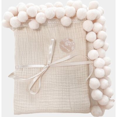 OEM Coperta In Mussola 100x75 Cm, Color Vaniglia E Beige Con Pompon Beige. OEM Coperta In Mussola 100x75 Cm, Color Vaniglia E Beige Con Pompon Beige.