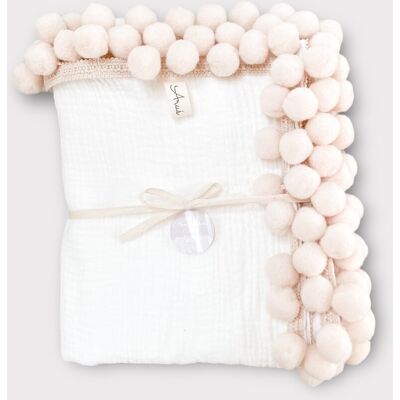 OEM Coperta In Mussola 100x75 Cm, Color Crema Con Pompon Beige. OEM Coperta In Mussola 100x75 Cm, Color Crema Con Pompon Beige.