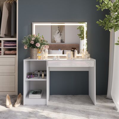 Vicco Tavolo Da Toeletta Sherry, Bianco/bianco Lucido, 119.8 Cm Con Specchio Led, Vicco Tavolo Da Toeletta Sherry, Bianco/bianco Lucido, 119.8 Cm Con Specchio Led,