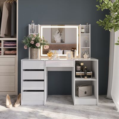 Vicco Tavolo Da Toeletta Sherry, Bianco/bianco Lucido, 128.2 Cm Con Specchio Led, Vicco Tavolo Da Toeletta Sherry, Bianco/bianco Lucido, 128.2 Cm Con Specchio Led,