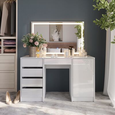 Vicco Tavolo Da Toeletta Sherry, Bianco/bianco Lucido, 128.2 Cm Con Specchio Led, Vicco Tavolo Da Toeletta Sherry, Bianco/bianco Lucido, 128.2 Cm Con Specchio Led,