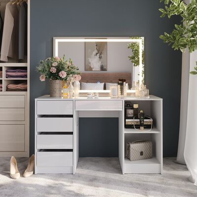 Vicco Tavolo Da Toeletta Sherry, Bianco/bianco Lucido, 128.2 Cm Con Specchio Led, Vicco Tavolo Da Toeletta Sherry, Bianco/bianco Lucido, 128.2 Cm Con Specchio Led,