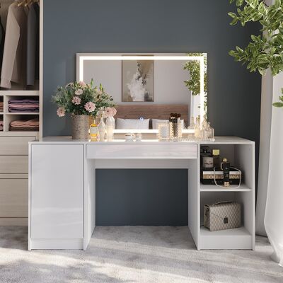 Vicco Tavolo Da Toeletta Sherry, Bianco/bianco Lucido, 158.2 Cm Con Specchio Led, Vicco Tavolo Da Toeletta Sherry, Bianco/bianco Lucido, 158.2 Cm Con Specchio Led,