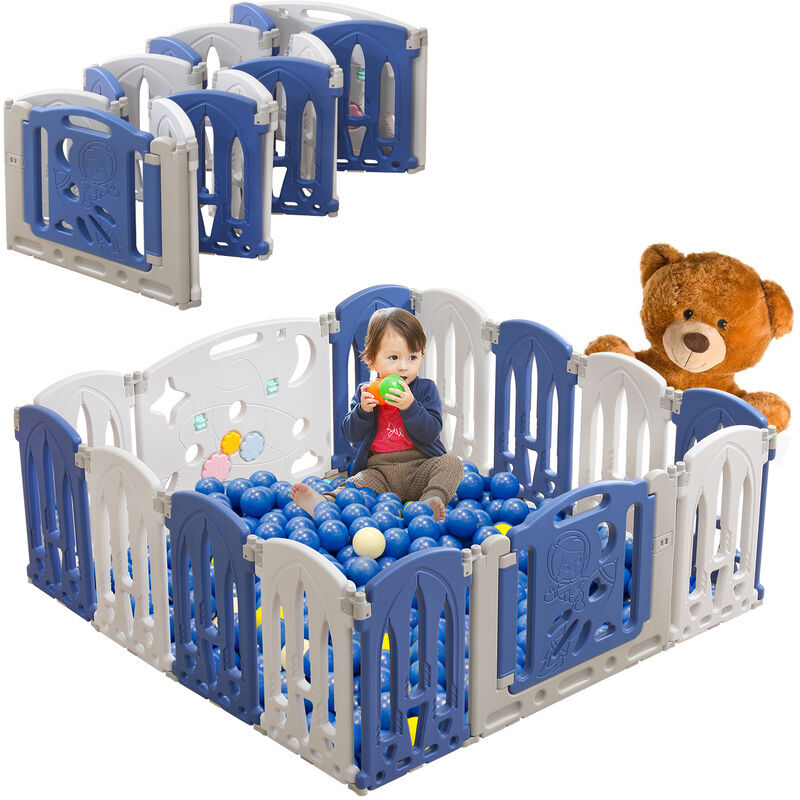 HENGMEI - Box per neonati Centro attivitĂ pieghevole in plastica con porta e tavola giocattolo, parco giochi di sicurezza per bambini, bianco e blu