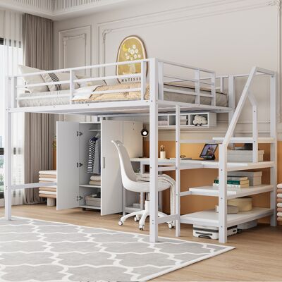 KELLANY Letto A Soppalco, 140200 Cm, Armadio, Mensole, Scaletta Contenitore, Scrivania, Senza Materasso, Bianco KELLANY Letto A Soppalco, 140200 Cm, Armadio, Mensole, Scaletta Contenitore, Scrivania, Senza Materasso, Bianco