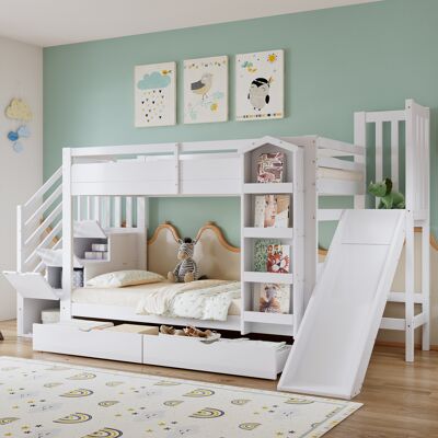 BEAOK Letto A Castello Per Bambini Bianco 90x200 Cm Con Scivolo, Scala Contenitore, Libreria E 2 Cassetti BEAOK Letto A Castello Per Bambini Bianco 90x200 Cm Con Scivolo, Scala Contenitore, Libreria E 2 Cassetti