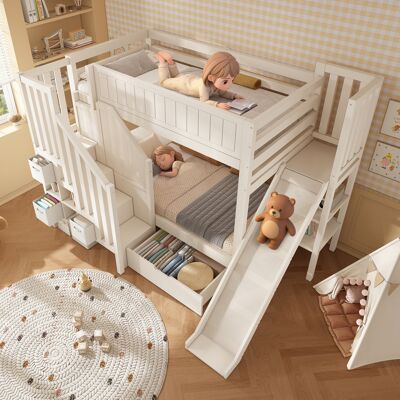 MODENVIE Letto A Castello 90×200 Cm E 90×200 Cm, Letto 2 Posti Con Scivolo, Ripiani E Cassetti, Senza Materasso, In Legno, Bianco MODENVIE Letto A Castello 90×200 Cm E 90×200 Cm, Letto 2 Posti Con Scivolo, Ripiani E Cassetti, Senza Materasso, In Legno, Bianco
