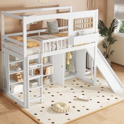 MODENVIE Letto A Castello 90×200 Cm, Letto Singolo Con Armadio, Mensole, Scala A 4 Gradini E Scivolo, Con Contenitore, Senza Materasso MODENVIE Letto A Castello 90×200 Cm, Letto Singolo Con Armadio, Mensole, Scala A 4 Gradini E Scivolo, Con Contenitore, Senza Materasso