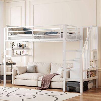 KELLANY Letto A Soppalco, 90200 Cm, Mensole, Scaletta Contenitore, Spazio Sotto Il Letto Per Rivestimento, Sponda Di Protezione, Senza Materasso, Bianco KELLANY Letto A Soppalco, 90200 Cm, Mensole, Scaletta Contenitore, Spazio Sotto Il Letto Per Rivestimento, Sponda Di Protezione, Senza Materasso, Bianco