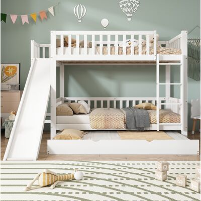 COVREO Letto A Castello 90x200 Cm Bianco In Legno Massello E Mdf Con Letto Estraibile, Scivolo E Scaffali COVREO Letto A Castello 90x200 Cm Bianco In Legno Massello E Mdf Con Letto Estraibile, Scivolo E Scaffali