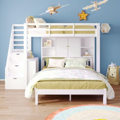 KELLANY Letto A Castello Con Scaffale, 90200cm+140200cm, Letto Multifunzionale Per Bambini, Letto A Castello Per Bambini, Con Scala Di Stoccaggio E Tavolino Mobile, Grande Spazio Di Archiviazione, Bianco [old KELLANY Letto A Castello Con Scaffale, 90200cm+140200cm, Letto Multifunzionale Per Bambini, Letto A Castello Per Bambini, Con Scala Di Stoccaggio E Tavolino Mobile, Grande Spazio Di Archiviazione, Bianco [old