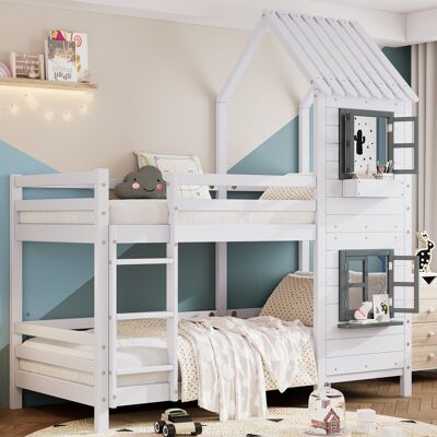 MODENVIE Letto A Castello 90×200 Cm, Letto Singolo Con Finestre Apribili, Mensole E Scatola Portaoggetti, Senza Materasso, Legno Bianco Grigio MODENVIE Letto A Castello 90×200 Cm, Letto Singolo Con Finestre Apribili, Mensole E Scatola Portaoggetti, Senza Materasso, Legno Bianco Grigio