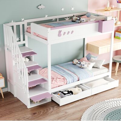 BEAOK Letto A Castello Per Bambini Stile Giocoso 90x200 Cm, Legno Bianco E Rosa, Con Sponde Di Sicurezza, Cassetti E Ripiano Removibile BEAOK Letto A Castello Per Bambini Stile Giocoso 90x200 Cm, Legno Bianco E Rosa, Con Sponde Di Sicurezza, Cassetti E Ripiano Removibile