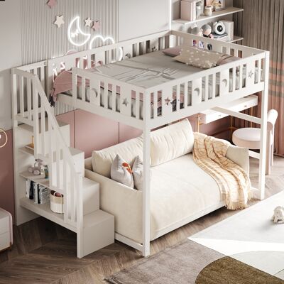 KELLANY Letto A Castello Per Bambini 140200 Con Scala, Letto Alto In Legno Massello Con Parapetto Di Sicurezza, Decorazione A Stella E Luna. Bianco KELLANY Letto A Castello Per Bambini 140200 Con Scala, Letto Alto In Legno Massello Con Parapetto Di Sicurezza, Decorazione A Stella E Luna. Bianco