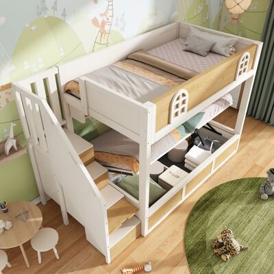 MODENVIE Letto A Castello 90×200 Cm, Letto 2 Posti Con Contenitore, Scala Con Contenitore E Mensole, Senza Materasso, Bianco E Naturale MODENVIE Letto A Castello 90×200 Cm, Letto 2 Posti Con Contenitore, Scala Con Contenitore E Mensole, Senza Materasso, Bianco E Naturale