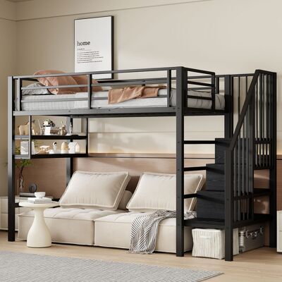 KELLANY Letto A Soppalco, 90200 Cm, Mensole, Scaletta Contenitore, Spazio Sotto Il Letto Per Rivestimento, Sponda Di Protezione, Senza Materasso, Nero KELLANY Letto A Soppalco, 90200 Cm, Mensole, Scaletta Contenitore, Spazio Sotto Il Letto Per Rivestimento, Sponda Di Protezione, Senza Materasso, Nero