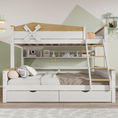 KELLANY Letto A Castello Con Design A Mulino A Vento, Con Mensole, Letto Per Bambini, Con Sponda Di Sicurezza A Contrasto, Con Scaletta Inclinata A Quattro Gradini E Cassetti, Pino+mdf, Bianco+naturale, 90x20 KELLANY Letto A Castello Con Design A Mulino A Vento, Con Mensole, Letto Per Bambini, Con Sponda Di Sicurezza A Contrasto, Con Scaletta Inclinata A Quattro Gradini E Cassetti, Pino+mdf, Bianco+naturale, 90x20