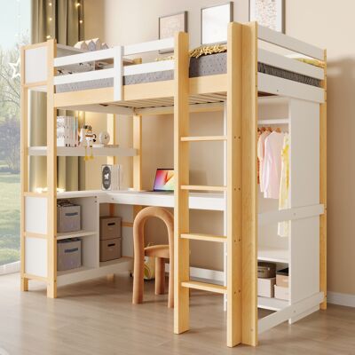 KELLANY Letto A Castello, 90x200 Cm, Scaffali, Diversi Scomparti, Scrivania, Armadio, Senza Materasso, Naturale KELLANY Letto A Castello, 90x200 Cm, Scaffali, Diversi Scomparti, Scrivania, Armadio, Senza Materasso, Naturale