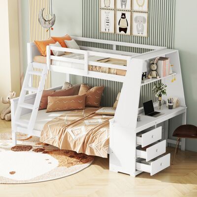 MODENVIE Letto A Castello 90×200 Cm E 140×200 Cm, Letto 3 Posti Con Scrivania, Mensole E 3 Cassetti, Senza Materasso, Bianco MODENVIE Letto A Castello 90×200 Cm E 140×200 Cm, Letto 3 Posti Con Scrivania, Mensole E 3 Cassetti, Senza Materasso, Bianco
