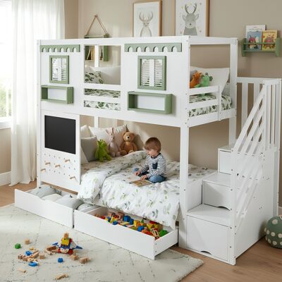 HAUSS SPOLE Letto A Castello In Legno Per Bambini, 90x200 Cm, Con Scaletta Contenitore, 2 Cassetti, Lavagna E Pannello Forato, Bianco/verde HAUSS SPOLE Letto A Castello In Legno Per Bambini, 90x200 Cm, Con Scaletta Contenitore, 2 Cassetti, Lavagna E Pannello Forato, Bianco/verde