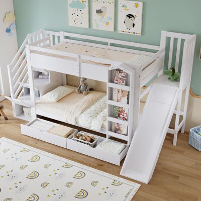 MODENVIE Letto A Castello 90×200 Cm, Letto Singolo Con Scivolo, Scala Contenitore, Libreria E 2 Cassetti, Senza Materasso, Bianco MODENVIE Letto A Castello 90×200 Cm, Letto Singolo Con Scivolo, Scala Contenitore, Libreria E 2 Cassetti, Senza Materasso, Bianco