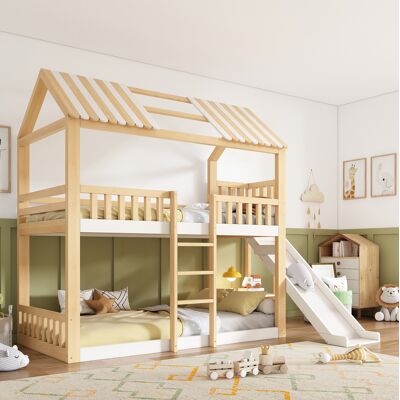 WISHDOR Letto A Castello Bambini 90x200 Cm Con Ripiano, Tetto A Due Falde, Mensole E Scivolo Da 35 Cm, In Legno Bianco E Naturale, Materasso Non Incluso WISHDOR Letto A Castello Bambini 90x200 Cm Con Ripiano, Tetto A Due Falde, Mensole E Scivolo Da 35 Cm, In Legno Bianco E Naturale, Materasso Non Incluso