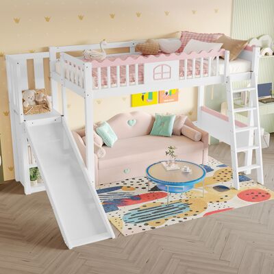 MODENVIE Letto A Soppalco 90×200 Cm, Letto Singolo Con Led, 3 Mensole E Scivolo, Senza Materasso, In Pino E Mdf, Bianco MODENVIE Letto A Soppalco 90×200 Cm, Letto Singolo Con Led, 3 Mensole E Scivolo, Senza Materasso, In Pino E Mdf, Bianco