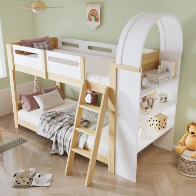 COVREO Letto A Castello Per Bambini 227,5/131/169,5 Cm Bianco E Naturale Di Legno Massello E Mdf Con Scaffale A 3 Ripiani COVREO Letto A Castello Per Bambini 227,5/131/169,5 Cm Bianco E Naturale Di Legno Massello E Mdf Con Scaffale A 3 Ripiani