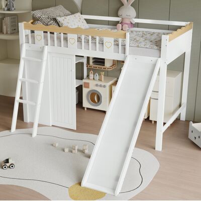 COVREO Letto A Soppalco Per Bambini 90x200 Cm Bianco E Naturale In Pino E Mdf Con Scivolo E Armadi COVREO Letto A Soppalco Per Bambini 90x200 Cm Bianco E Naturale In Pino E Mdf Con Scivolo E Armadi