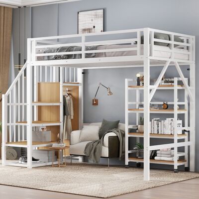 BEAOK Letto A Soppalco In Metallo E Mdf 90x200 Cm Bianco/naturale Con Ringhiera Di Sicurezza E Scaffale Con Ruote BEAOK Letto A Soppalco In Metallo E Mdf 90x200 Cm Bianco/naturale Con Ringhiera Di Sicurezza E Scaffale Con Ruote