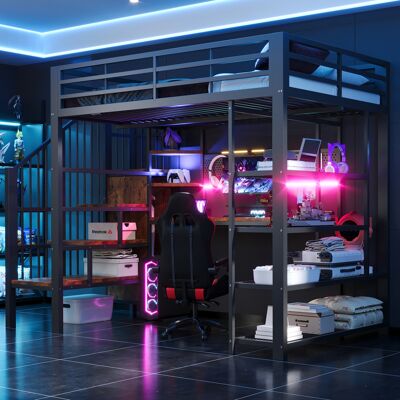 KELLANY Letto A Castello In Ferro 140 × 200 Cm, Lungo Tavolo E Parete Forata Lunga, Piccolo Scaffale Triangolare, Con Prese Euro E Striscia Led, Ripiani A Più Livelli, Alta Recinzione, Nero KELLANY Letto A Castello In Ferro 140 × 200 Cm, Lungo Tavolo E Parete Forata Lunga, Piccolo Scaffale Triangolare, Con Prese Euro E Striscia Led, Ripiani A Più Livelli, Alta Recinzione, Nero