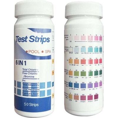 OEM Confezione Da 50 Strisce Reattive, 6 In 1 Per Vasche Idromassaggio E Piscine, Per La Determinazione Di Cloro Libero, Bromo, Durezza Totale, Alcalinità Totale, Acido Cianurico E Valore Del Ph. OEM Confezione Da 50 Strisce Reattive, 6 In 1 Per Vasche Idromassaggio E Piscine, Per La Determinazione Di Cloro Libero, Bromo, Durezza Totale, Alcalinità Totale, Acido Cianurico E Valore Del Ph.