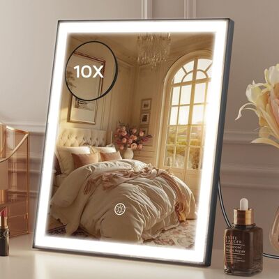 AURALUM Specchio Per Trucco Illuminato, Specchio Da Toeletta Dimmerabile 30 X 25 Cm Con Ingrandimento 10x, Specchio Stile Hollywood A 3 Tonalità Di Luce Controllo Touch, Nero AURALUM Specchio Per Trucco Illuminato, Specchio Da Toeletta Dimmerabile 30 X 25 Cm Con Ingrandimento 10x, Specchio Stile Hollywood A 3 Tonalità Di Luce Controllo Touch, Nero