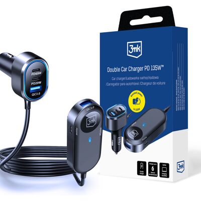 Caricatore doppio per auto 135W USB - Nero/Grigio Caricatore doppio per auto 135W USB - Nero/Grigio