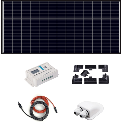 ALCAPOWER Kit Fotovoltaico 200w Monocristallino Con Regolatore Pwm 20a Lcd, Ideale Per Camper, Barche E Caravan ALCAPOWER Kit Fotovoltaico 200w Monocristallino Con Regolatore Pwm 20a Lcd, Ideale Per Camper, Barche E Caravan