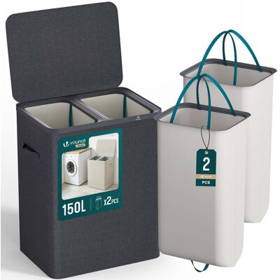 VOUNOT ® Cesto Portabiancheria 150l Rettangolare A 2 Scomparti Con Coperchio, 2 Sacchi Rimovibili Autoportante E Manici, Antracite VOUNOT ® Cesto Portabiancheria 150l Rettangolare A 2 Scomparti Con Coperchio, 2 Sacchi Rimovibili Autoportante E Manici, Antracite