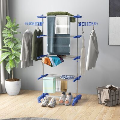 PZCC Stendibiancheria Pieghevole In Acciaio Inox E Plastica, Stendino Verticale Salvaspazio Estensibile A Torre Con 6 Ruote, Ganci E 4 Ripiani Regolabili Per Interni, 142x55x172 Cm, Blu Argento PZCC Stendibiancheria Pieghevole In Acciaio Inox E Plastica, Stendino Verticale Salvaspazio Estensibile A Torre Con 6 Ruote, Ganci E 4 Ripiani Regolabili Per Interni, 142x55x172 Cm, Blu Argento