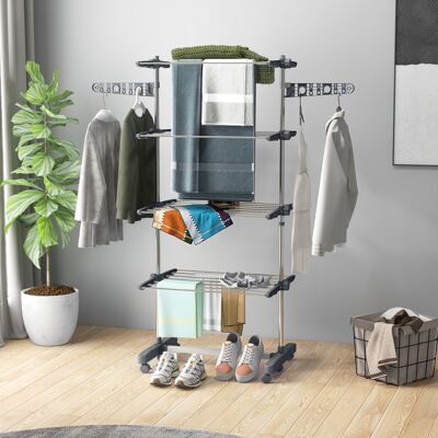 PZCC Stendibiancheria Pieghevole In Acciaio Inox E Plastica, Stendino Verticale Salvaspazio Estensibile A Torre Con 6 Ruote, Ganci E 4 Ripiani Regolabili Per Interni, 142x55x172 Cm, Grigio Argento PZCC Stendibiancheria Pieghevole In Acciaio Inox E Plastica, Stendino Verticale Salvaspazio Estensibile A Torre Con 6 Ruote, Ganci E 4 Ripiani Regolabili Per Interni, 142x55x172 Cm, Grigio Argento