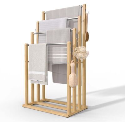 VOUNOT ® Porta Asciugamani Bagno Da Terra, Portasciugamani Autoportante In Bambù Stabile 4 Bracci Con Ganci, 45x28x92 Cm, Naturale VOUNOT ® Porta Asciugamani Bagno Da Terra, Portasciugamani Autoportante In Bambù Stabile 4 Bracci Con Ganci, 45x28x92 Cm, Naturale
