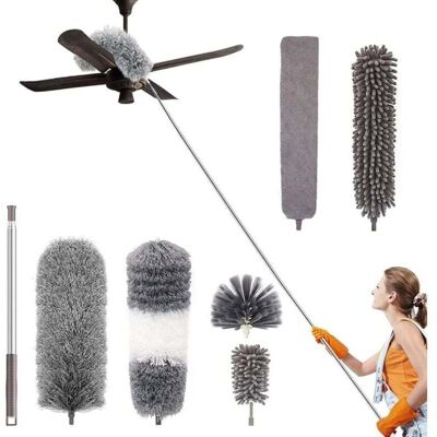 KZQ Kit Di Pulizia In Microfibra Da 7 Pezzi Con Testine Intercambiabili, Manico Telescopico In Acciaio Inossidabile, Scopa Per La Polvere Per Soffitti, Tende, Ventilatori E Rimozione Di Ragnatele - KZQ Kit Di Pulizia In Microfibra Da 7 Pezzi Con Testine Intercambiabili, Manico Telescopico In Acciaio Inossidabile, Scopa Per La Polvere Per Soffitti, Tende, Ventilatori E Rimozione Di Ragnatele -