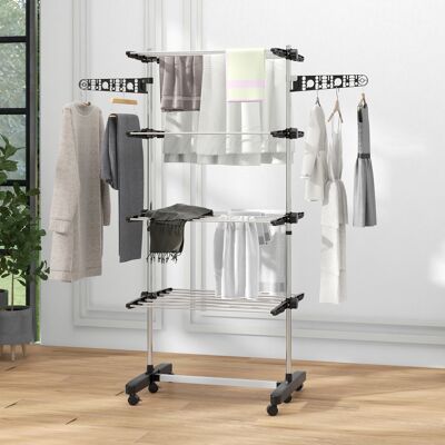 PZCC Stendibiancheria Pieghevole In Acciaio Inox E Plastica, Stendino Verticale Salvaspazio Estensibile A Torre Con 6 Ruote, Ganci E 4 Ripiani Regolabili Per Interni, 142x55x172 Cm, Nero Argento PZCC Stendibiancheria Pieghevole In Acciaio Inox E Plastica, Stendino Verticale Salvaspazio Estensibile A Torre Con 6 Ruote, Ganci E 4 Ripiani Regolabili Per Interni, 142x55x172 Cm, Nero Argento
