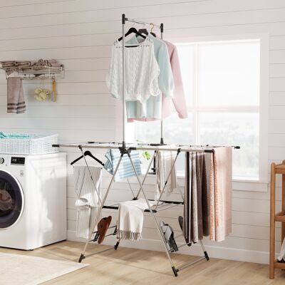 PZCC Stendibiancheria Pieghevole, 5 Alette Regolabili, 4 Supporti Per Scarpe, Acciaio Inox, Argento PZCC Stendibiancheria Pieghevole, 5 Alette Regolabili, 4 Supporti Per Scarpe, Acciaio Inox, Argento