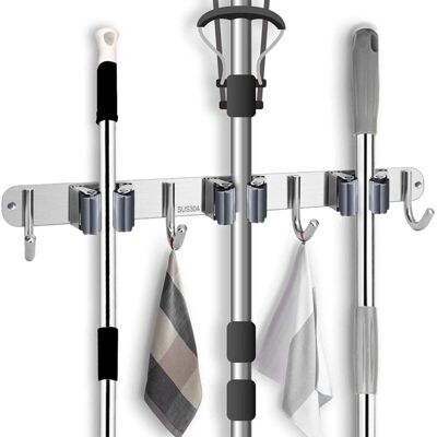 OEM Porta Mocio Da Parete In Acciaio Inox Con 3 Clip E 4 Ganci Per Cucina, Giardino, Balcone, Garage OEM Porta Mocio Da Parete In Acciaio Inox Con 3 Clip E 4 Ganci Per Cucina, Giardino, Balcone, Garage
