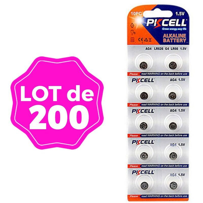 PKCELL Lotto di 200. Batterie AG4Cella a bottone. Super alcalino. Consegnato in blister × 10 unità indipendenti